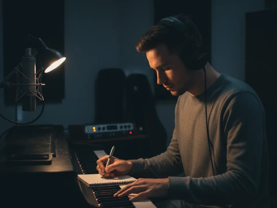 Songwriter drafting first lyric ideas on paper beside a keyboard in a dark home studio