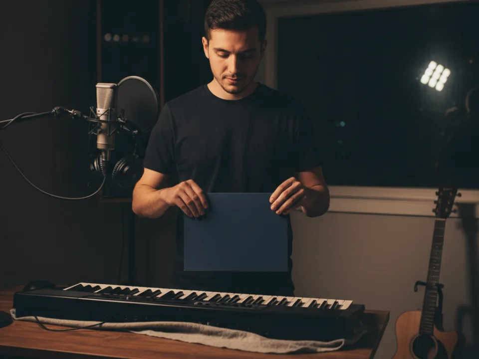 Music creator storing lyric drafts in a plain folder beside studio gear in a dark workspace