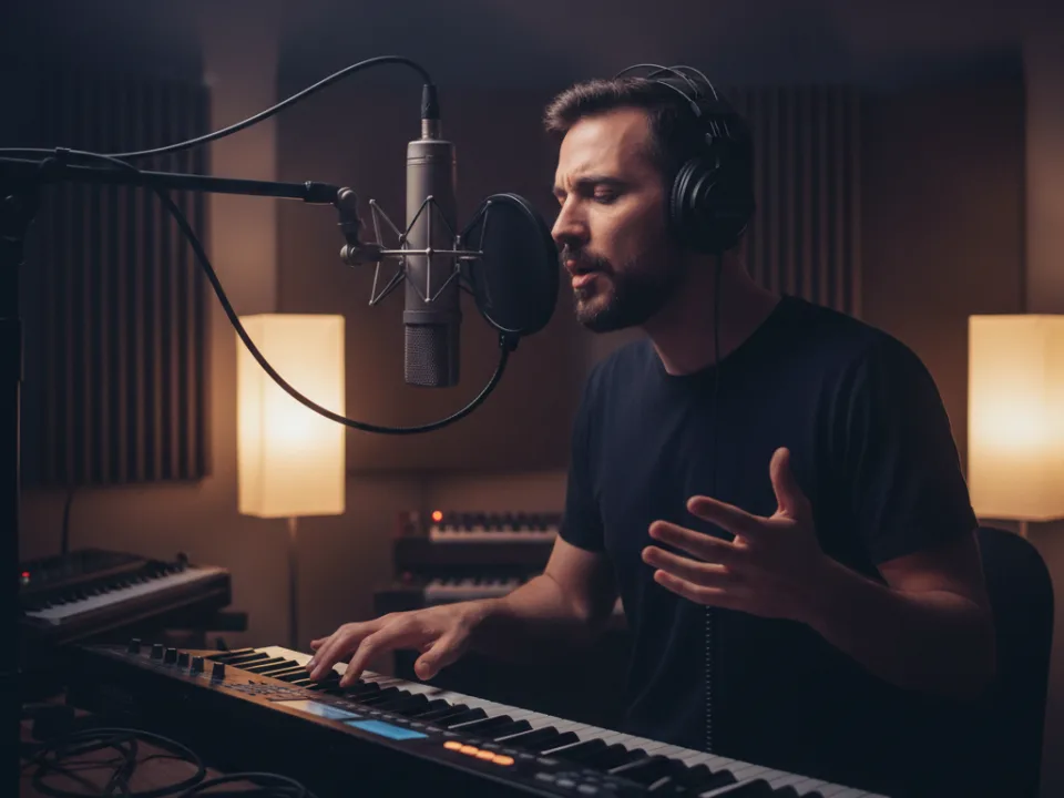 Singer testing different lyrical styles into a studio microphone in a dark recording room