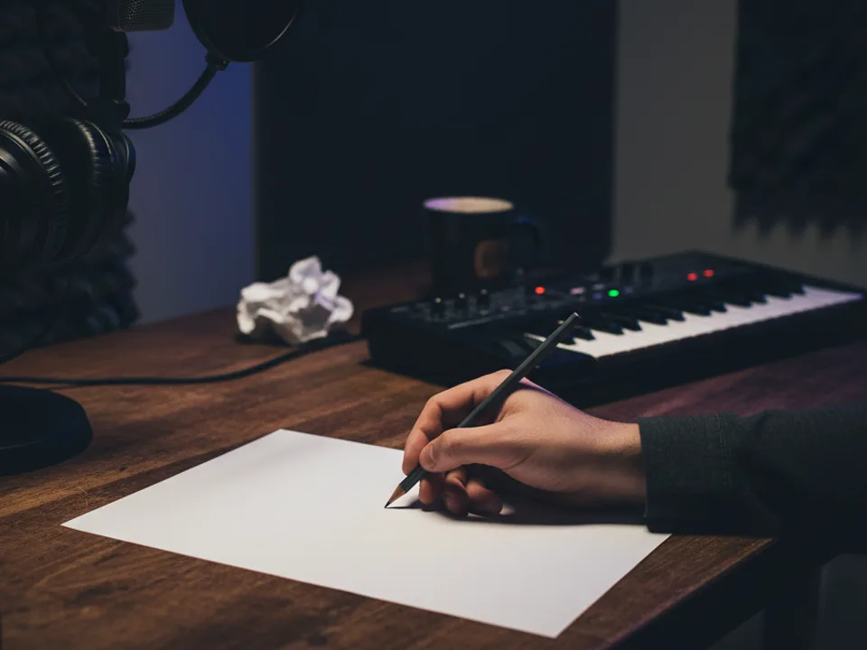 Songwriter editing printed lyrics beside studio headphones and a microphone in a dark recording room