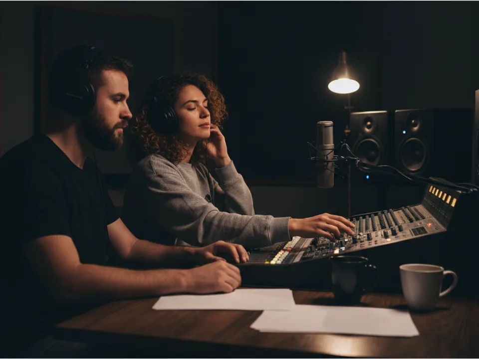 Independent music creators listening to a finished cover version through studio monitors in a dark room
