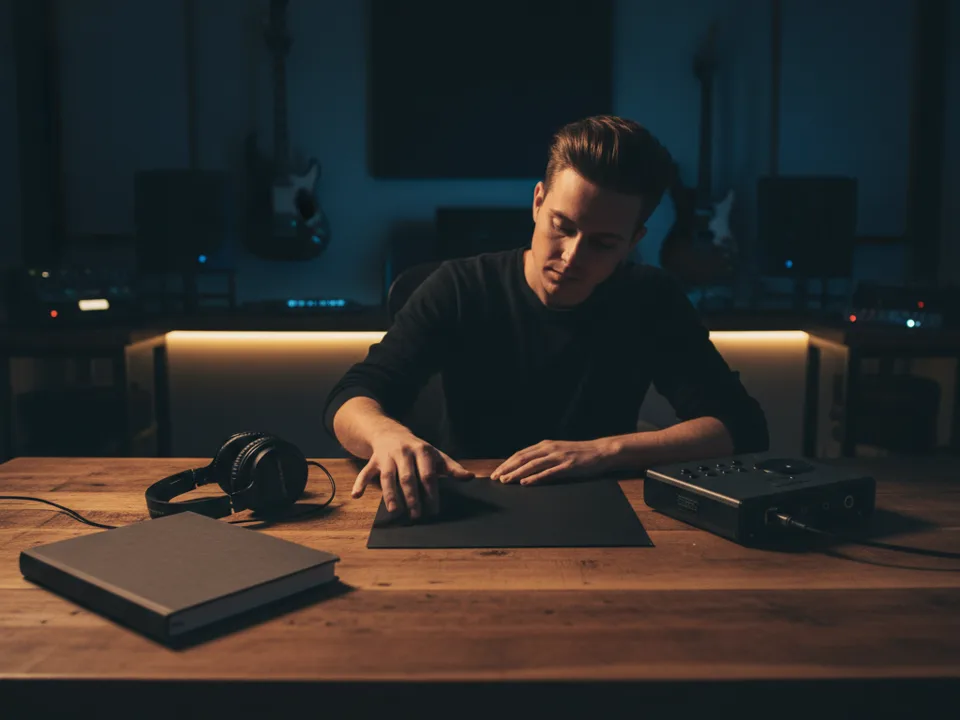 Music creator selecting a finished source song in a dark home studio before making an AI song cover