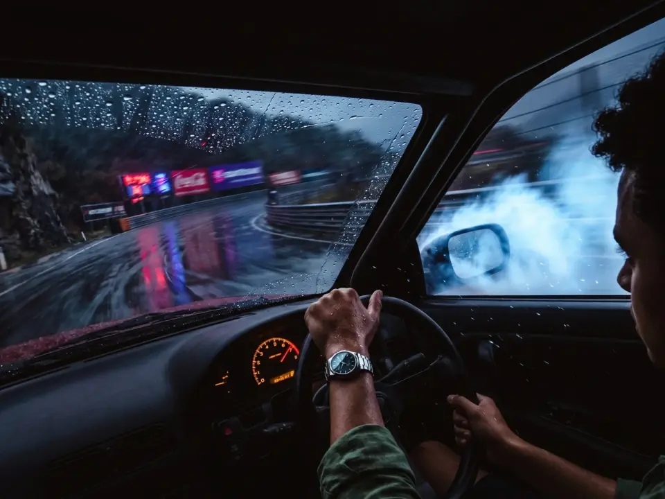 Driver drifting through a rainy turn to show drift phonk style control for edits and racing videos.