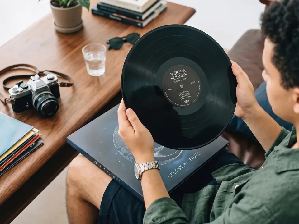 Holding a vinyl record after previewing, saving, and downloading tracks from a phonk music maker workflow.